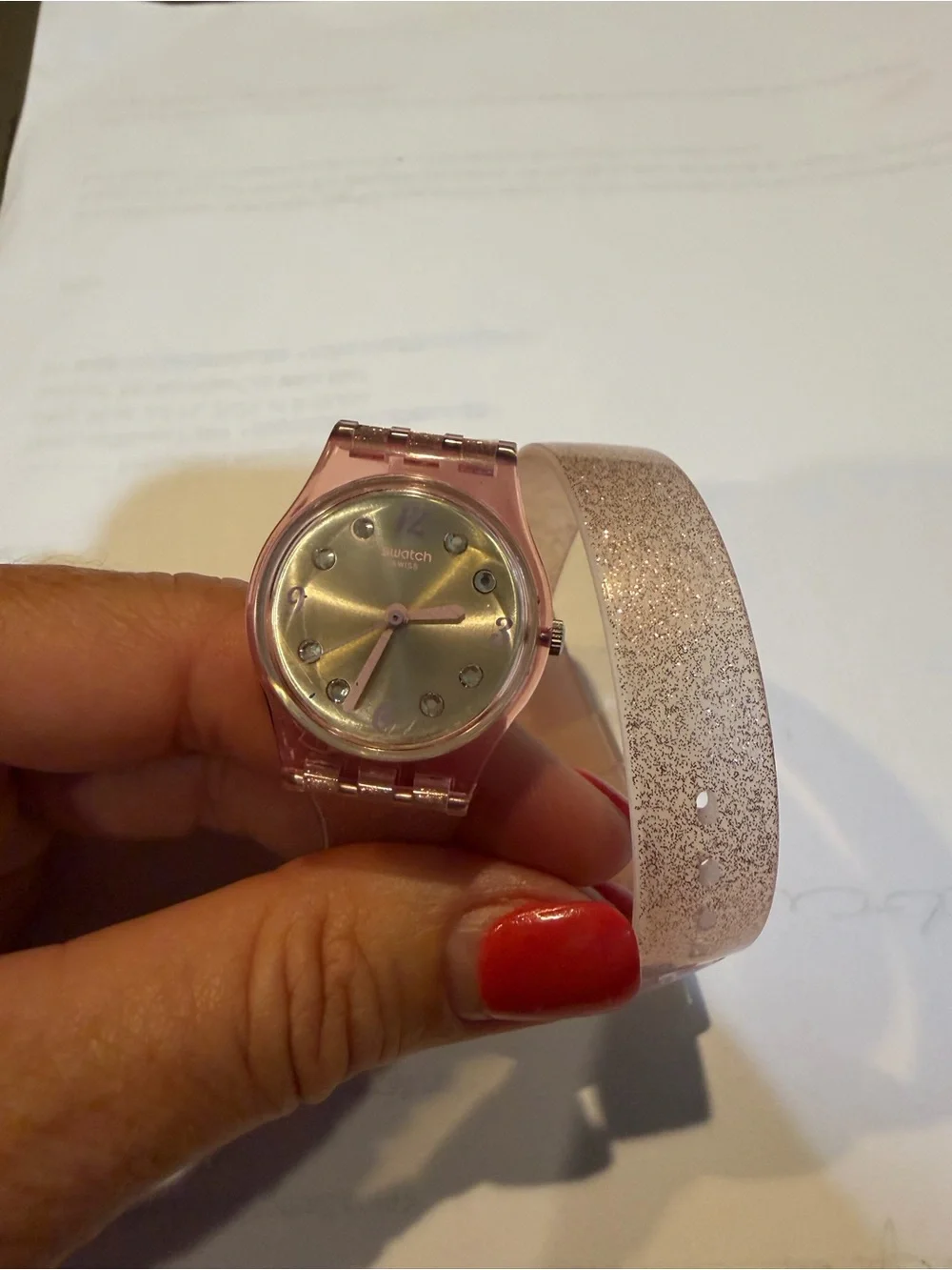 Pink Glitter Swiss Swatch Watch Wrap Style with case and new battery.